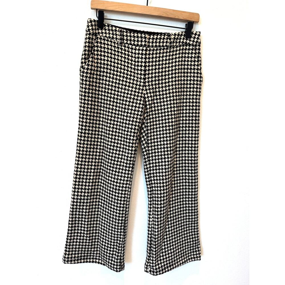 Trina Turk Houndstooth Wool Plaid Cropped Wide Leg Flare Pants Black White-Sz 4